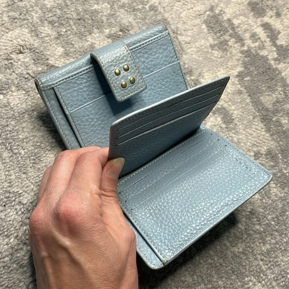 Celine Studded Pebbled Leather Compact Wallet Powder Blue Extra Card Holders